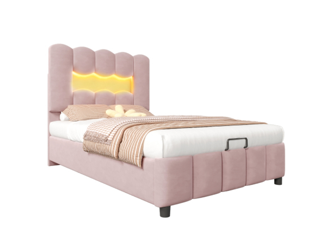 Cama Estofada DELCOND 90x200 com mecanismo hidráulico, cabeceira ajustável, veludo rosa, sem colchão
