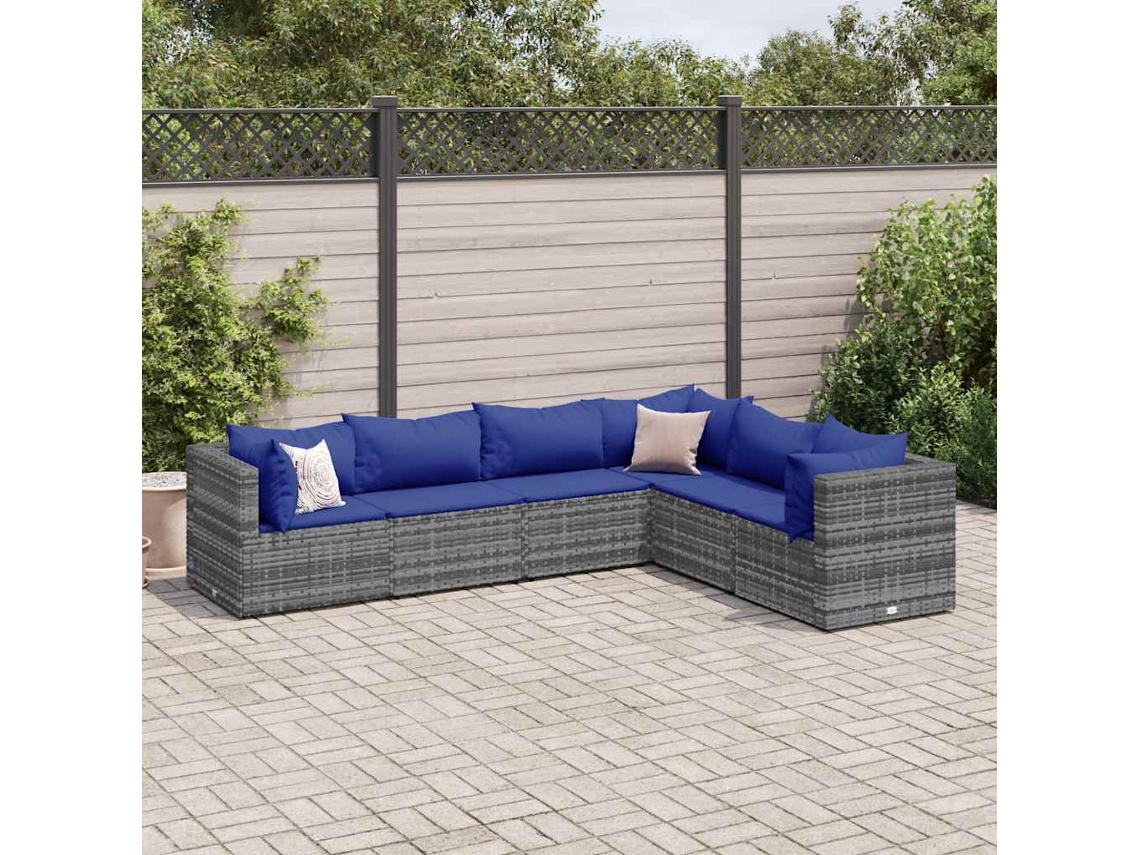 Vidaxl 6 Pcs Conjunto Lounge De Jardim C/ Almofadões Vime Pe Cinzento