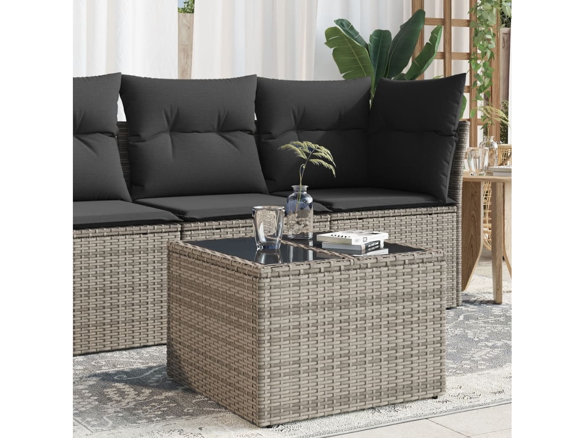 Vidaxl Mesa De Jardim Com Tampo De Vidro 55x55x37 Cm Vime Pe Cinzento