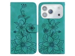 Capa Para Iphone 17 Pro Max Com Suporte, Em Couro Com Relevo De Lírio E Alça De Pulso - Verde