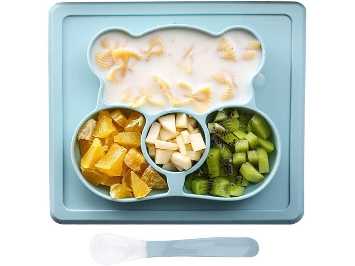 Plato De Silicona Antideslizante Com Sucção E Colher Para Bebê Design Urso Azul