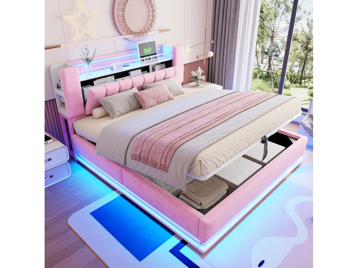 Cama Estofada Inteligente De 180 X 200 Cm Com Iluminação Led, Armazenamento Usb E Hidráulico, Capa De Veludo Macio E Estrutura Metálica Rosa Cs