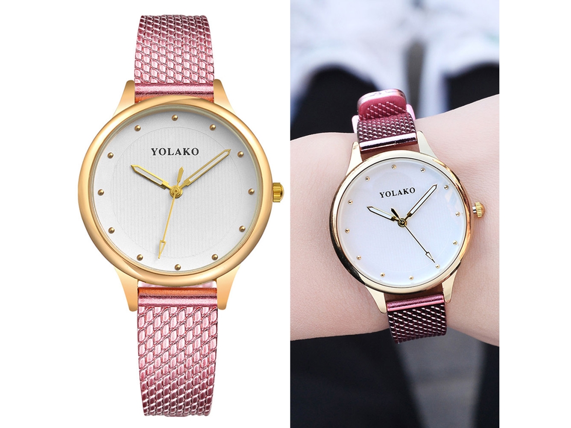 Relógio de Pulso Feminino Casual de Quartzo com Esfera Redonda e Pulseira Plástica Rosa