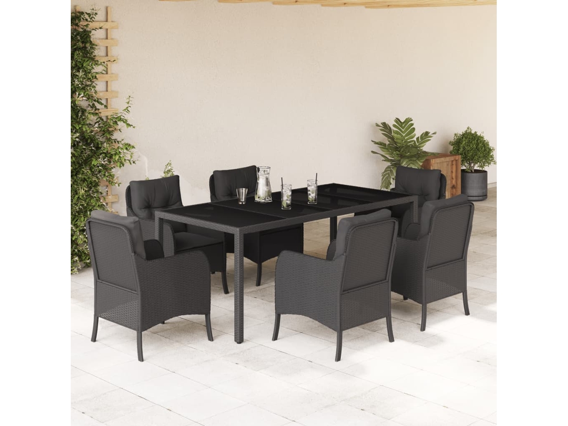 7 Pcs Conjunto De Jantar P/ Jardim C/ Almofadões Vime Pe Preto Dkd Home Decor