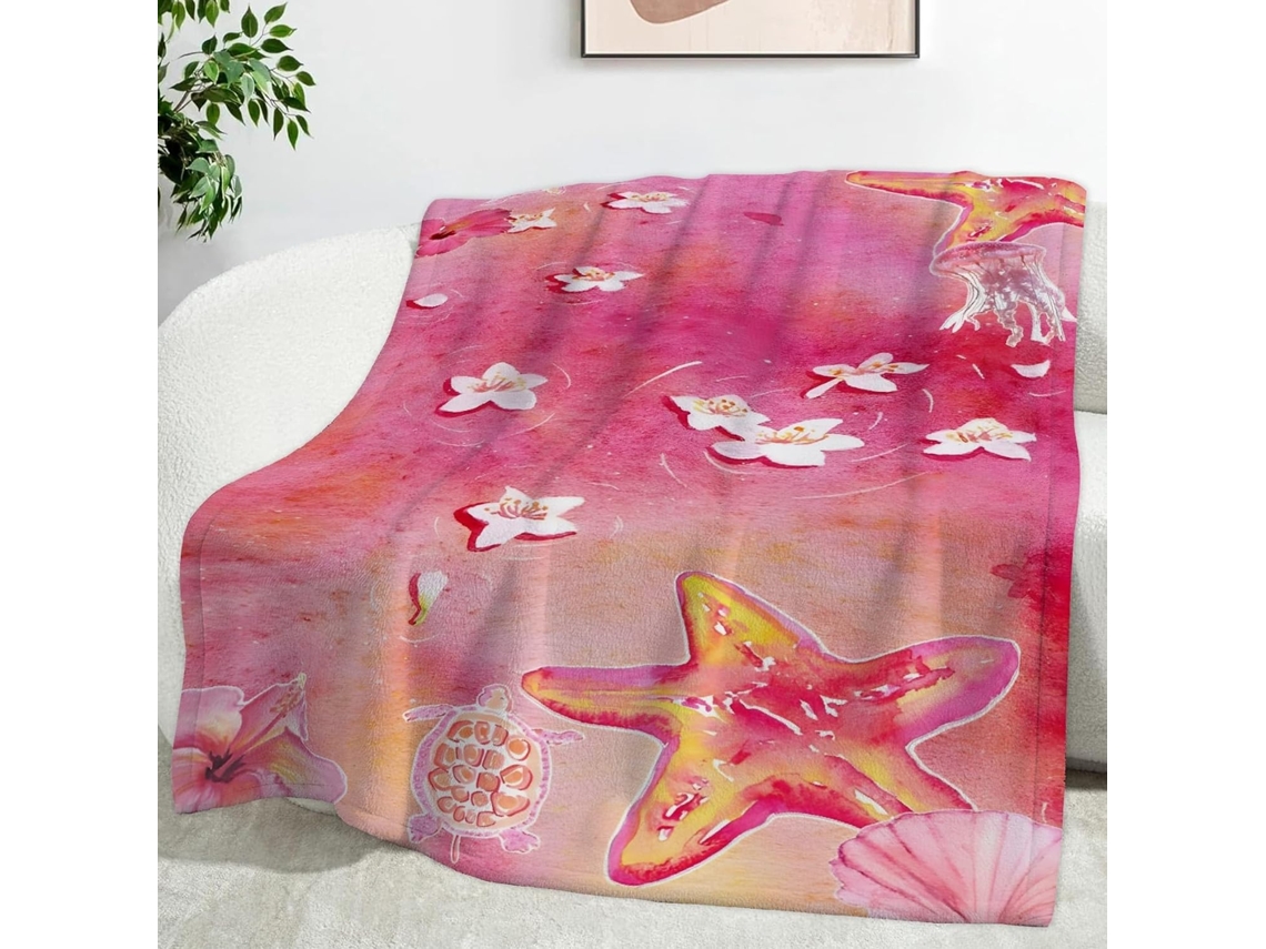 Manta com Estampa de Flores e Estrelas do mar 150x200 Cm Multifuncional Macia Aconchegante em Flanela Ideal Pa