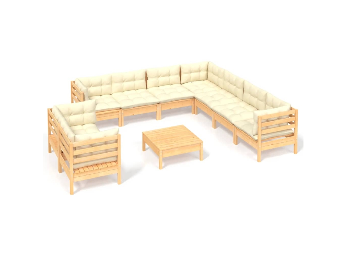 Conjunto de 10 Lounge Jardim com Almofadões Creme Pinho Maciço MAISON EXCLUSIVE