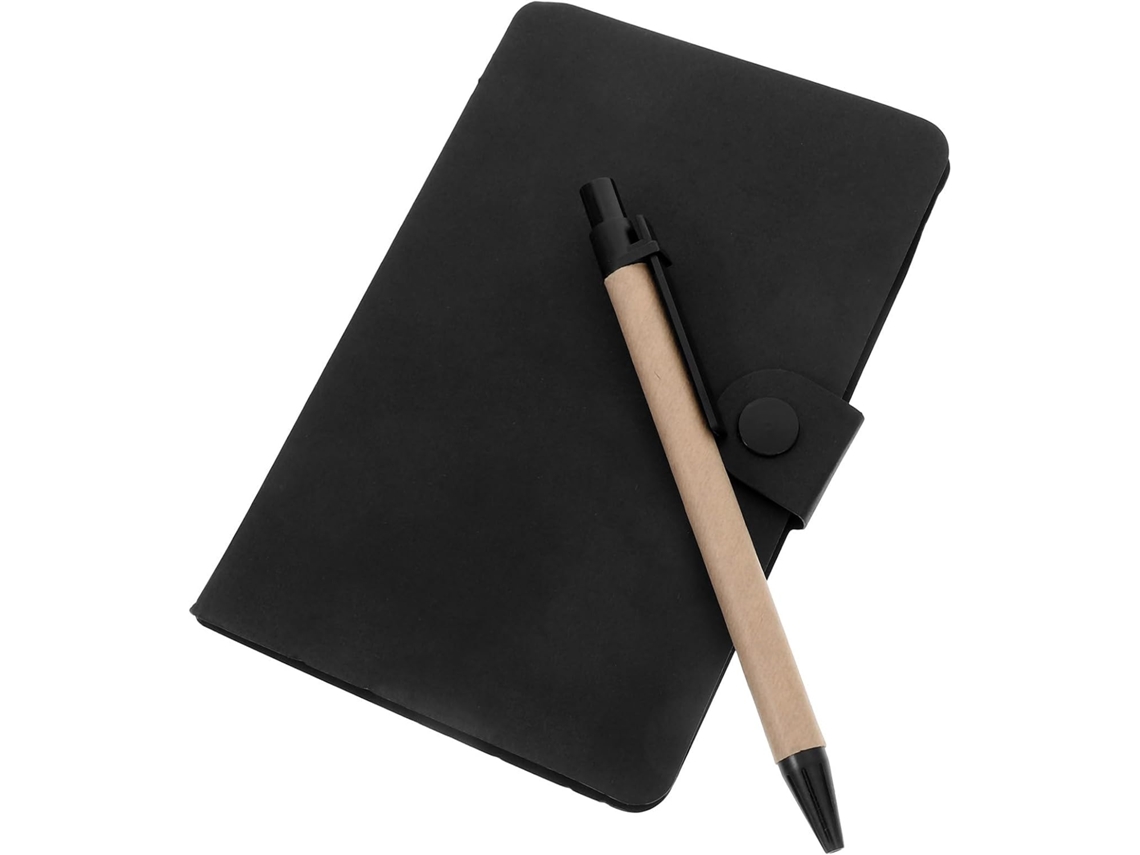 Caderno espiral preto multifuncional com caneta e blocos de notas adesivas integrados, organizador compacto.