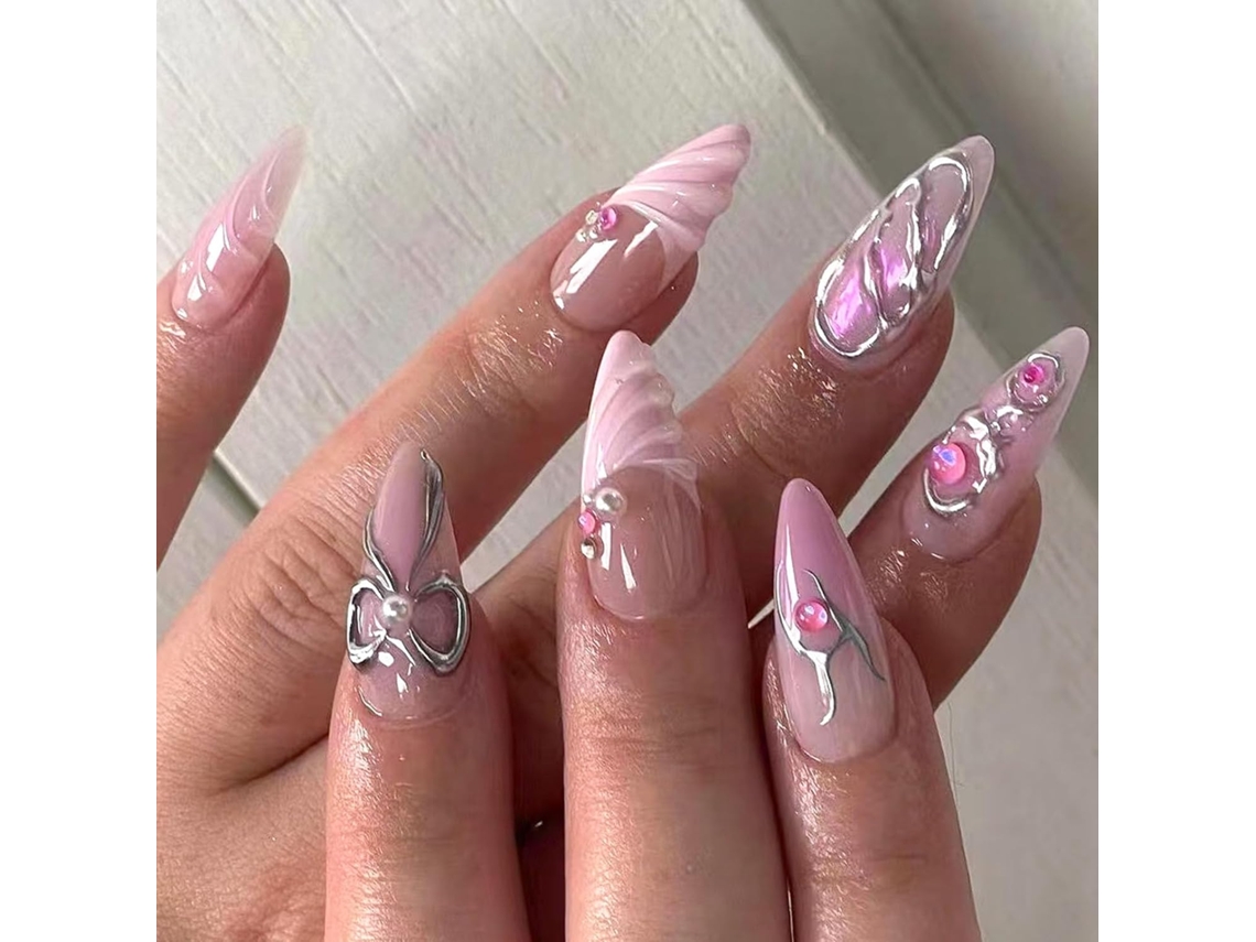 Conjunto SFUSHOS de unhas postiças 3D, formato amêndoa, com laço