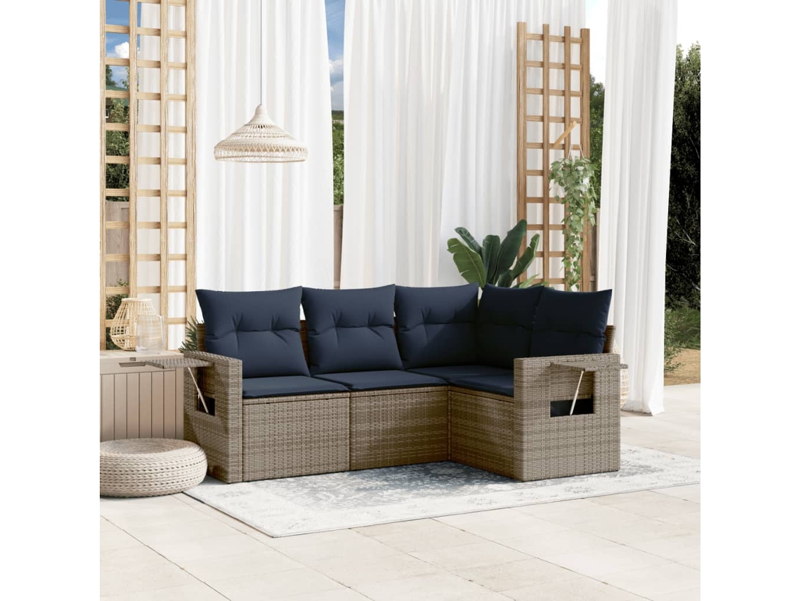 Vidaxl Conjunto De Sofá De Jardim Com 4 Peças E Almofadas Em Rattan Sintético Cinza