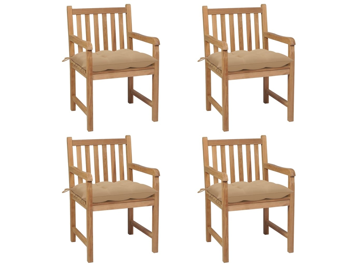 Vidaxl Cadeiras De Jardim C/ Almofadões Bege 4 Pcs Teca Maciça