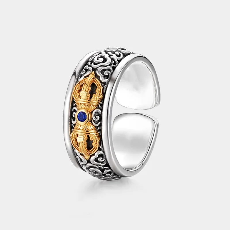 Anel Aberto Vajra Estilo Vintage, Anel Ajustável Masculino Com Padrão De Nuvem Auspiciosa Em Cristal Azul, Estilo Tibetano.