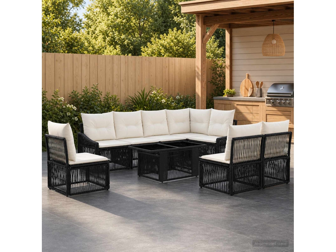 Vidaxl Conjunto De Sofá De Jardim 9 Unid. Preto E Branco Creme Vime Pe