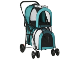 Carrinho Duplo Com 2 Transportadoras Portáteis 66x50x98 Cm Turquesa E Cinza, Prático E Versátil