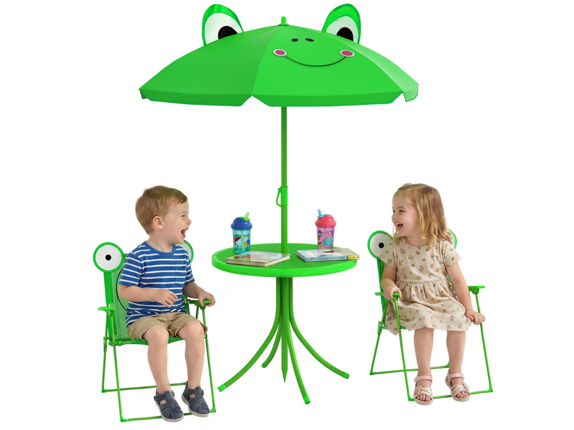 Conjunto De Mesa De Jardim Com 2 Cadeiras Dobráveis, Mesa De Centro Com Cadeiras Externas Com Guarda-sol Infantil Em Metal E Poliéster, Verde