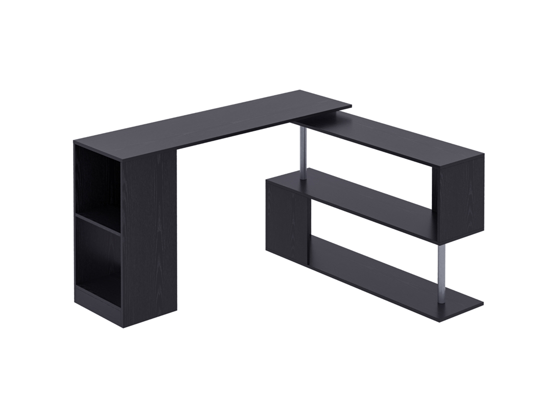 Mesa De Canto Compacta Com Prateleira Em Formato De S, Mesa Moderna De Madeira, 140x120x78 Cm, Preta