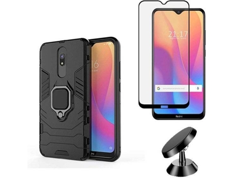 Kit Capa, Película de Vidro Temperado 5D e Suporte Magnético Auto Xiaomi Redmi 8A PHONOCARE Militar Preto