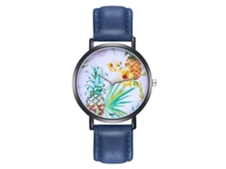 Relógio de Pulso Feminino com Padrão de Frutas Pulseira de Couro Pu Quartzo Azul