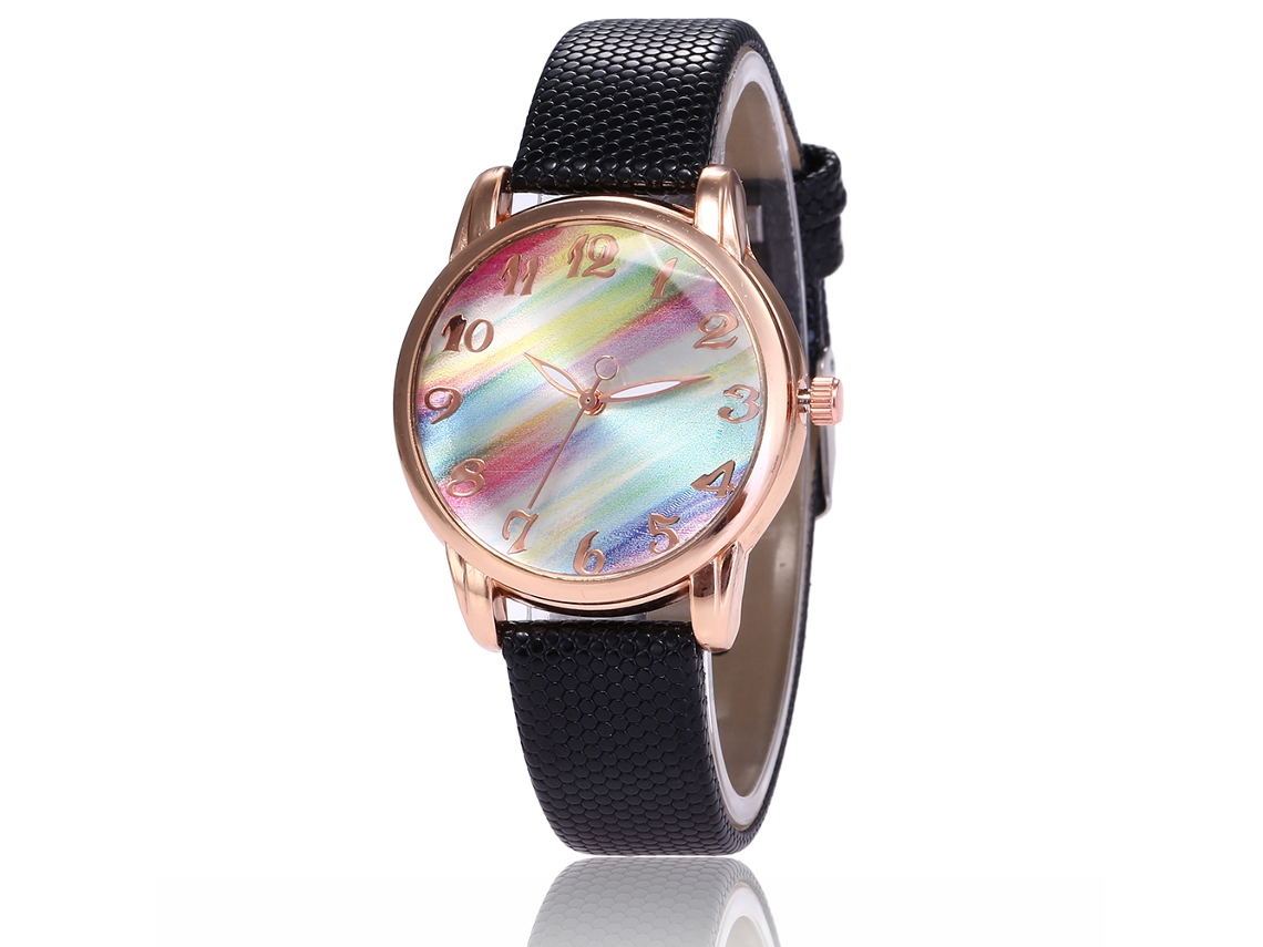 Relógio de Pulso Feminino de Quartzo com Pulseira Pu Cor Preta Design Simples