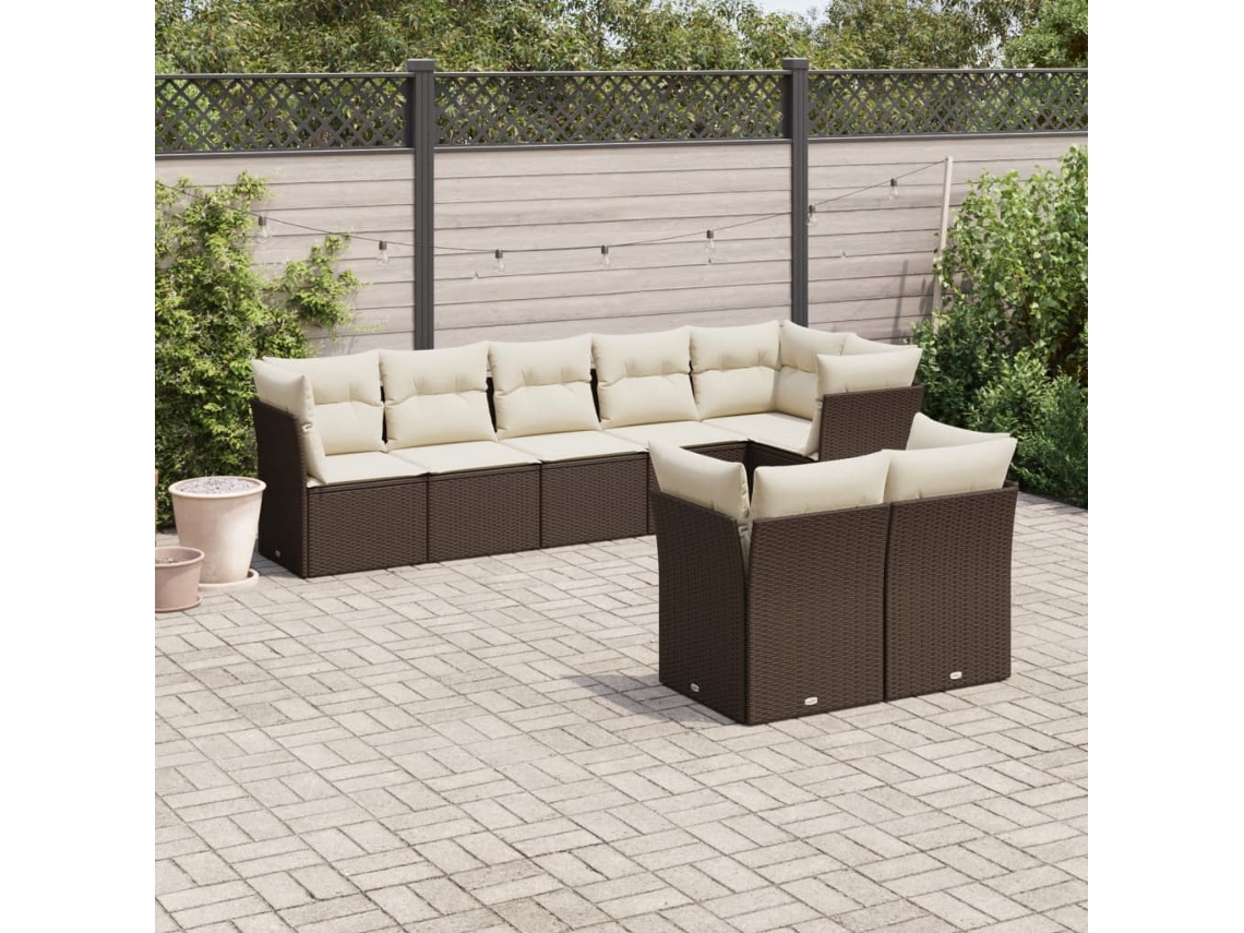 Vidaxl 8 Pcs Conjunto Sofás De Jardim C/ Almofadões Vime Pe Castanho