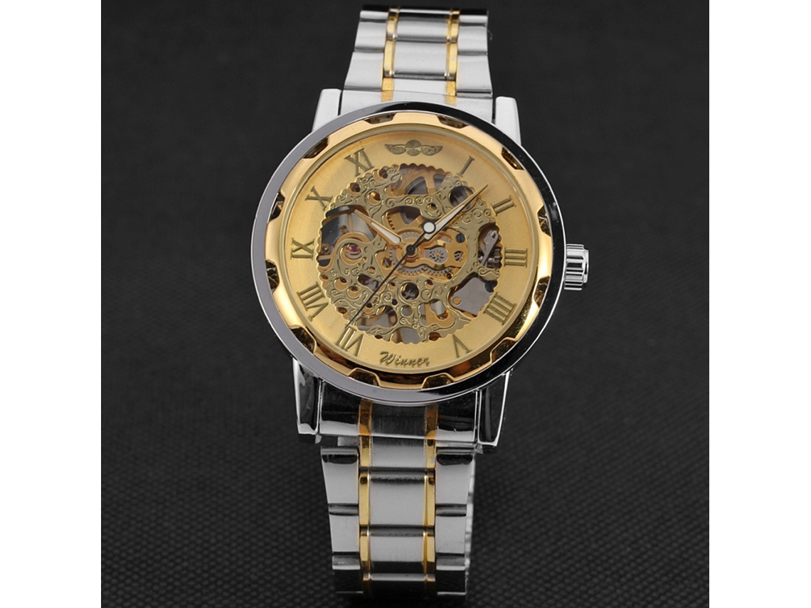 Relógio mecânico masculino, resistente à água, pulseira de aço vazada, dourado.