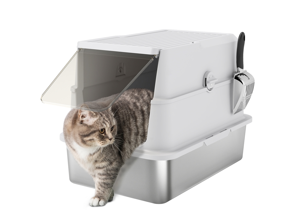 Caixa de areia para gatos, aço inox, com pá, claro cinza