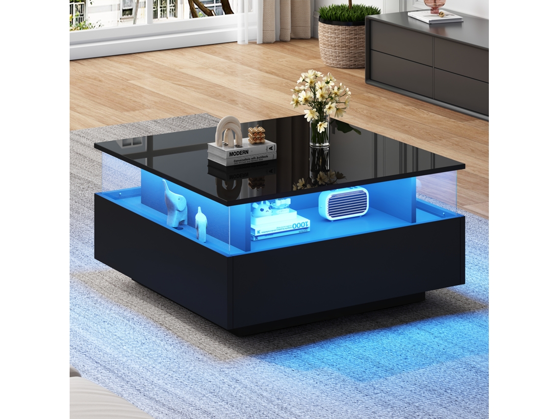 Mesa Centro Led 70*70*41cm, Alto Brilho, 2gavetas, Transparente, Carga 30kg, Sala Cs