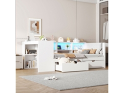 Cama Madeira 90x200 Com Gavetas Led E Cabeceira Poltrada Branca
