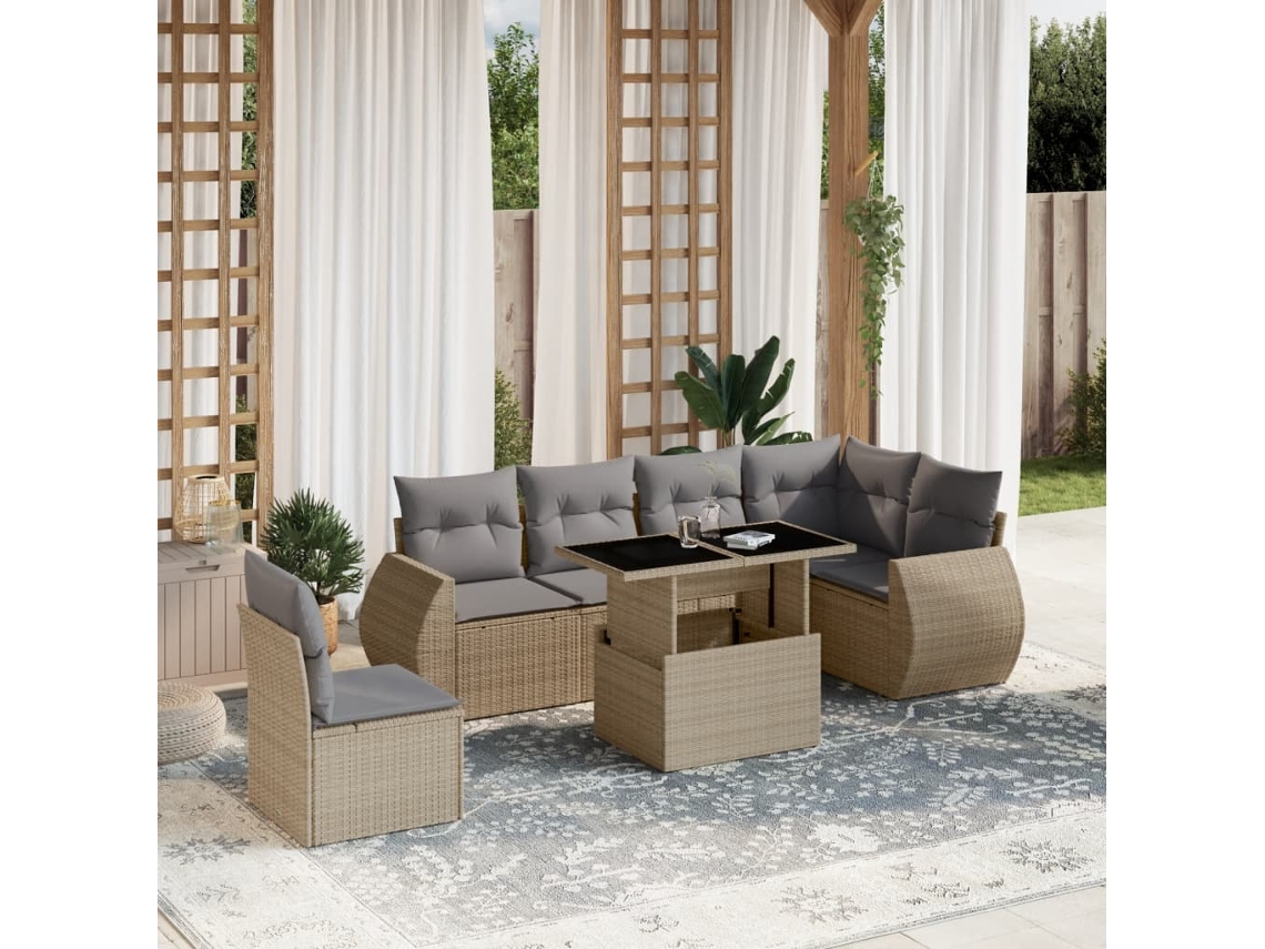 Conjunto de 7 Sofás para Jardim com Almofadas Vime Pe Bege Dkd Home Decor