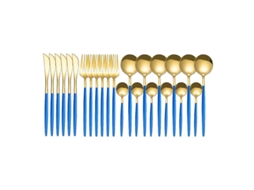 Conjunto De Pratos De Aço Inoxidável 24 Peças - Estilo Fashion, Anti-roxo, Ideal Para Casa, Festas E Restaurantes Ouro Azul