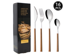 Conjunto De Talheres Em Aço Inoxidável 430 Com Cabo De Plástico Imitando Madeira (16 Peças)
