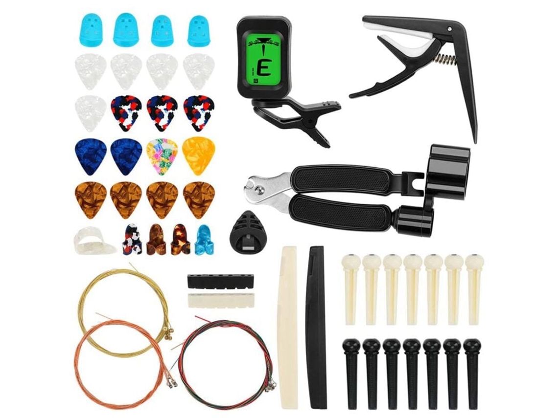 Conjunto De 65 Peças De Acessórios Para Guitarra, Incluindo Cordas, Afinador, Capo, Palheta, Suporte, Palheta De Polegar E Pinos De Ponte. Aquaforge