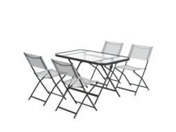 Conjunto Jardim 4 Cadeiras + 1 Mesa 5 Peças, Cadeiras Têxtil Empilháveis, Tampo Vidro Temperado Cinza