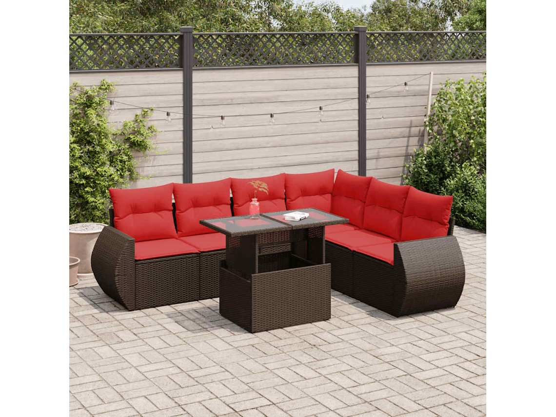 Vidaxl 7 Pcs Conj. Sofás Jardim C/ Almofadões Vime Pe/acácia Castanho