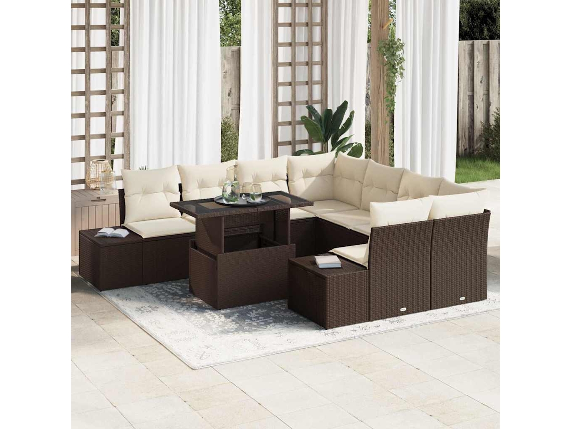 Vidaxl Conjunto De Sofá De Jardim 9 Pcs Marrom E Creme Vime Pe