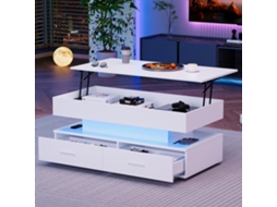 Mesa Centro Ajustável Hidráulica Led Bluetooth 100x50x44cm 2 Gavetas Branca