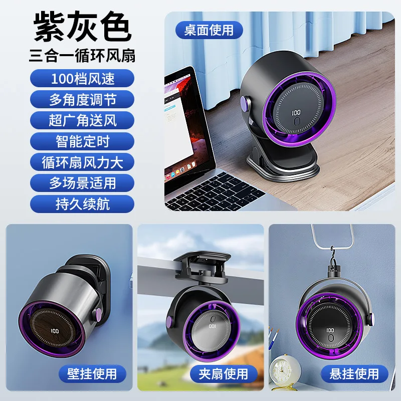 Mini Ventilador De Mesa Usb (roxo-acinzentado), Ultrassilencioso, Três Velocidades, Ângulo Ajustável.
