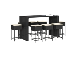 Conjunto 9 de bar para jardim c/ almofadões VIDAXL vime PE preto