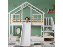 Cama Beliche 90x200 Cm Com Escada, Escorrega, Janela E Barreiras De Segurança Madeira Maciça Branca Estilo