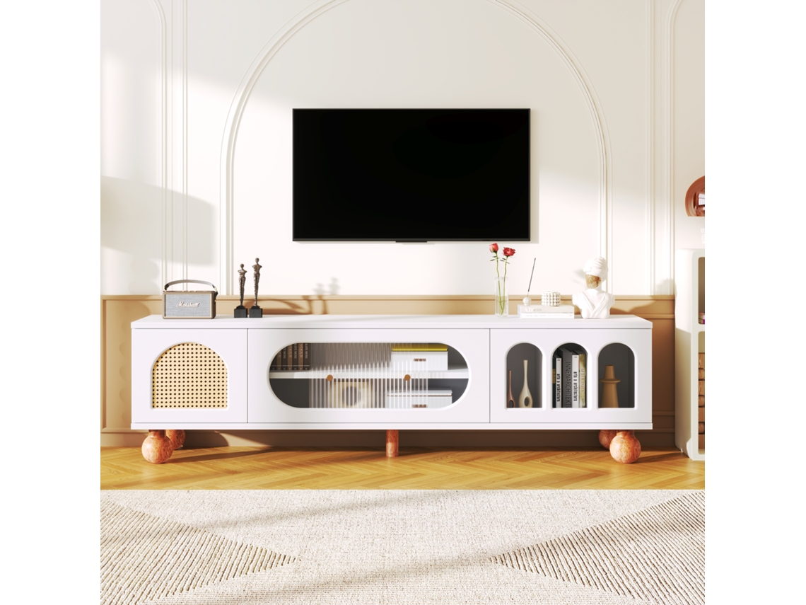 Suporte Tv Rattan, Porta Vidro, Dourado.-zz