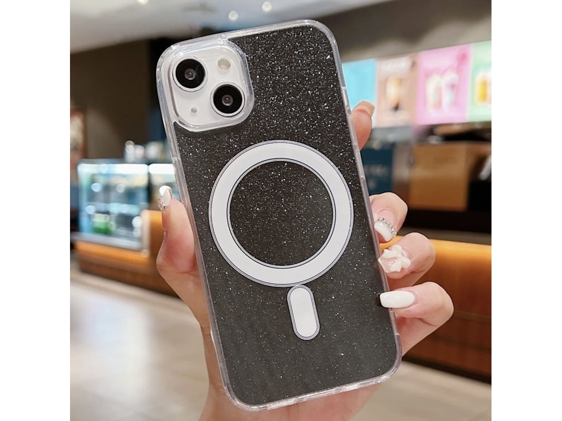 Capa Transparente Com Glitter Para Iphone 14 - Acrílico - Magsafe - Preta