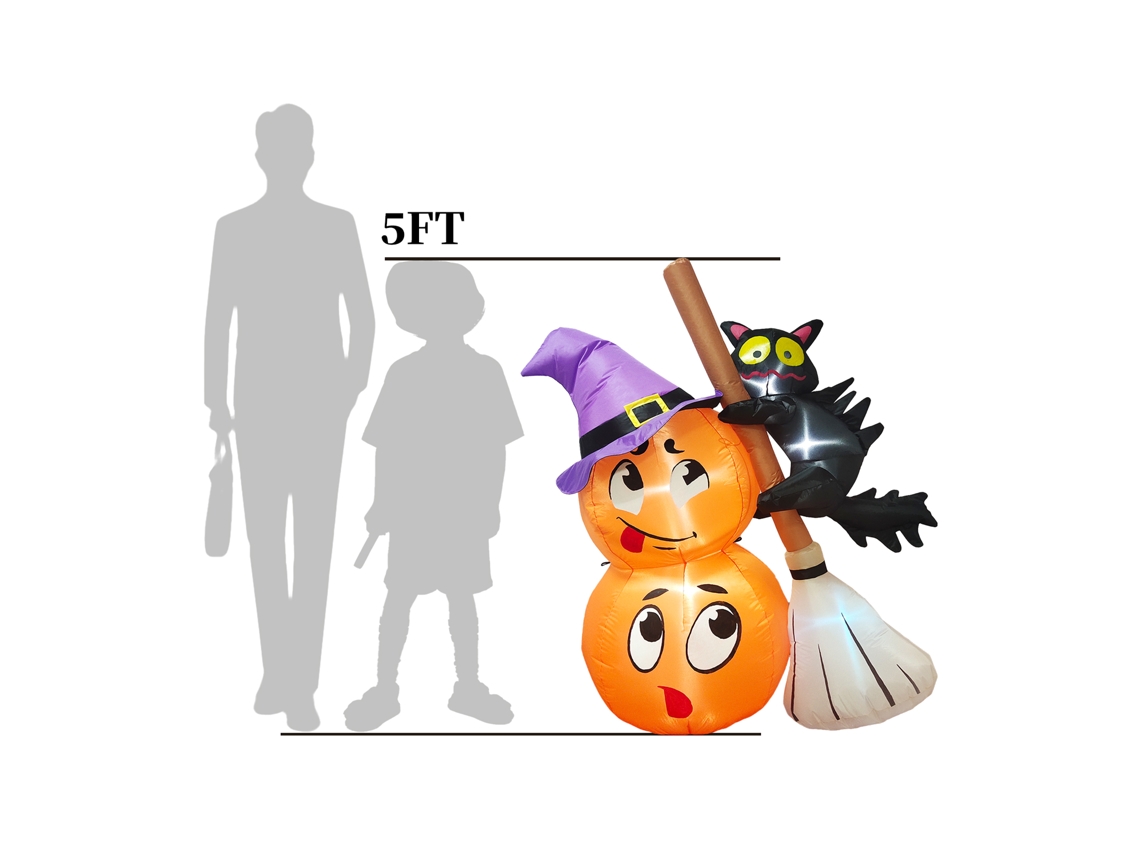 Inflável de Halloween 5ft com Abóbora Assustadora, Gato na Vassoura LAXISCREED