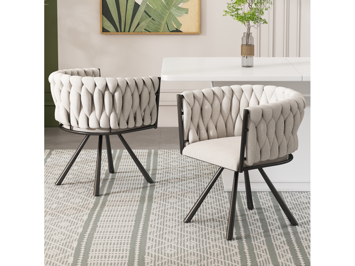 Cadeira De Jantar Giratória Luxuosa, Kit 2 Unidades, Linho Bege/preto, 4 Pés De Metal, Para Sala/quartos.