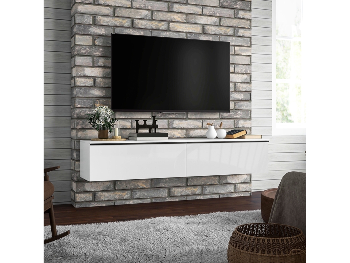 Armário Suspenso Para Tv, 160x35x30 Cm, Na Cor Branco Brilhante, Com Portas De Madeira E Sistema De Aba.