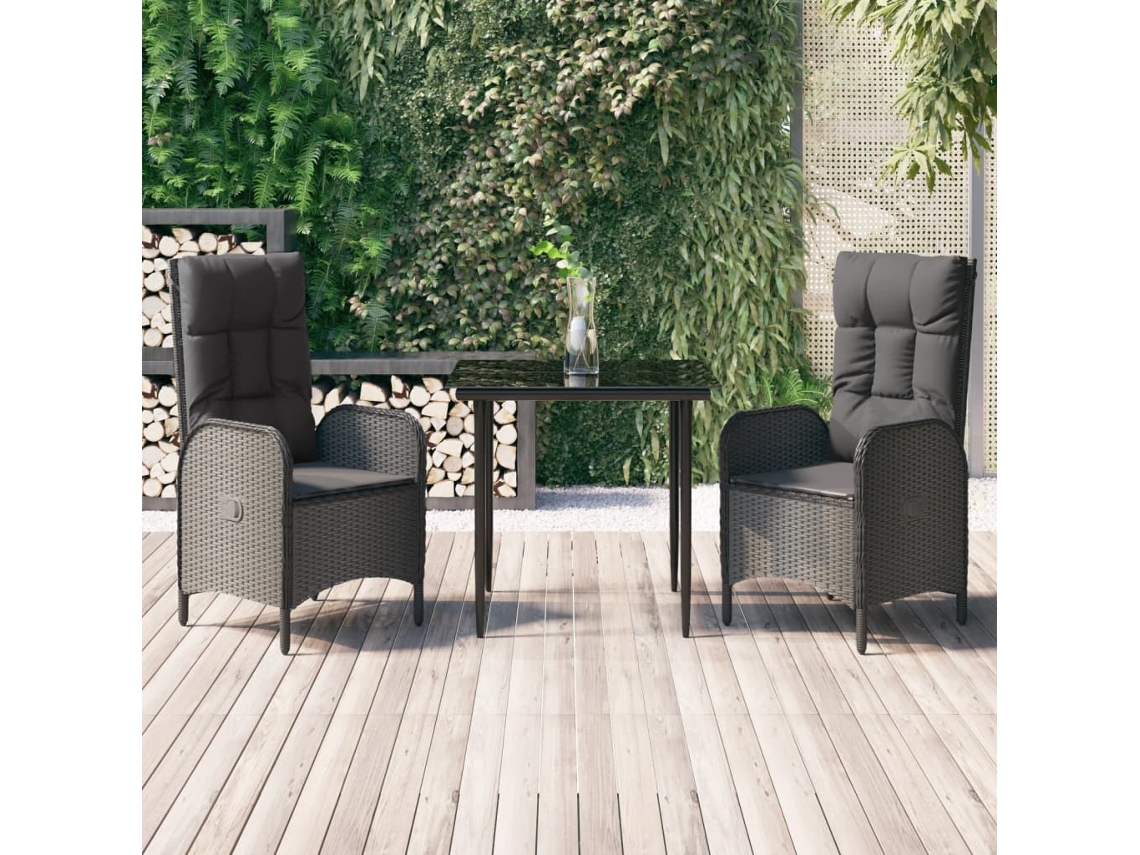 Vidaxl 3 Pcs Conjunto De Jantar P/ Jardim C/ Almofadões Vime Pe Preto