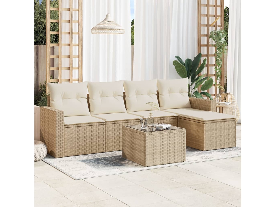 Vidaxl 6 Pcs Conjunto De Sofás P/ Jardim Com Almofadões Vime Pe Bege