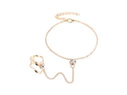 Anel Com Pulseira Folha Oca Rhinestone Dourado