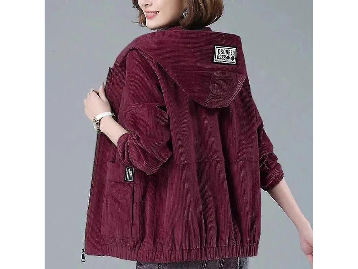 Chaqueta Corta Mujer Primavera Otoño Coreana Suelta Capucha Cremallera Casual Vermelho Xxl