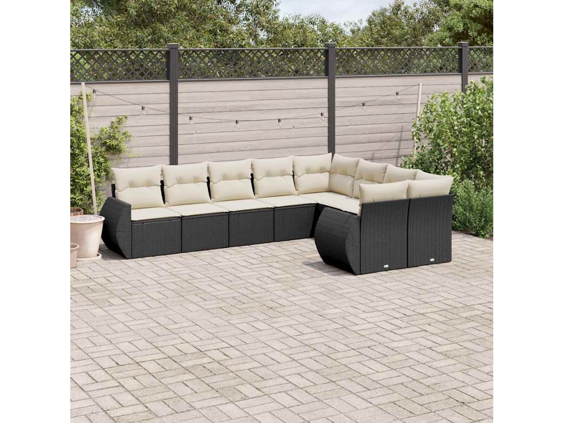 Jogo de Sofá 9 Peças P/ Jardim C/ Almofadões Vime Pe Preto Dkd Home Decor