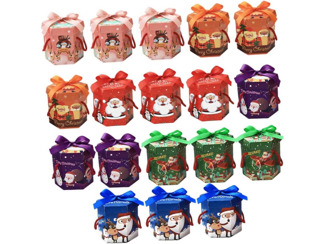 Conjunto De 18 Caixas De Presente Hexagonais De Papel Para O Natal, Design Clássico, Embalagem.
