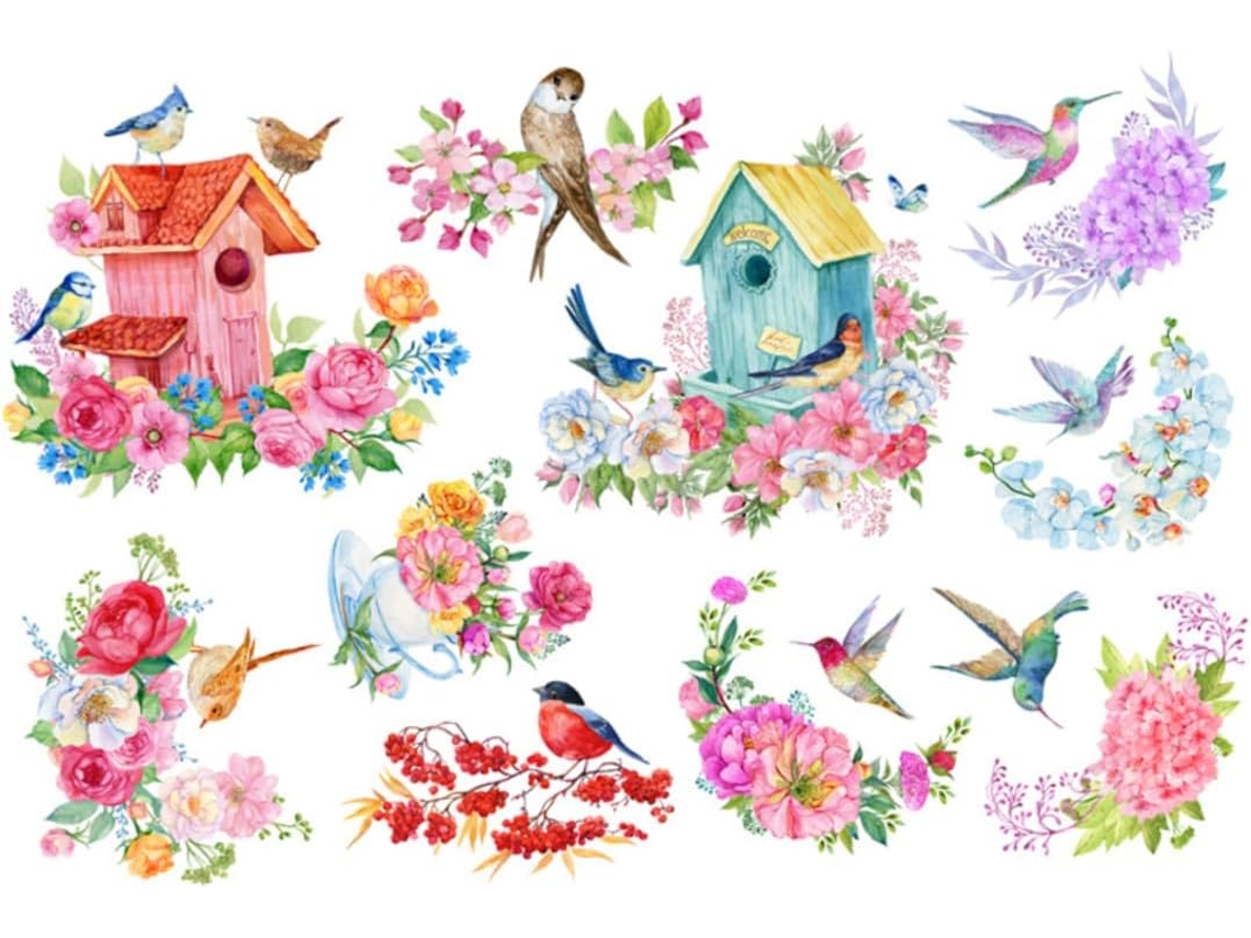 Autocollant Décoratif Mural Oiseaux Fleurs 1 Feuille Pvc
